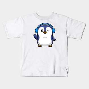 Cute Penguin Wearing Earmuff Cartoon Vector Icon Illustration Kids T-Shirt